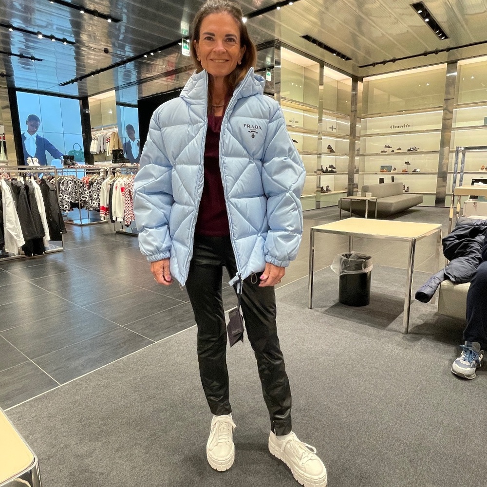 Prada light pastel blue Prada jacket with oversized fit & high collar.